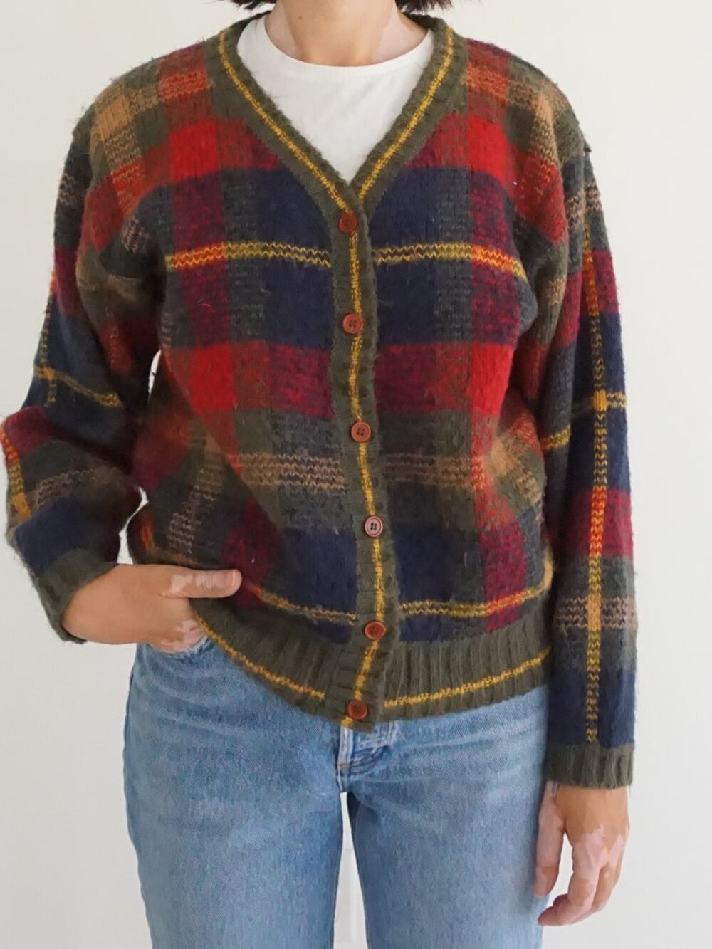 Vintage Alfred Dunner Red Navy Tartan Button Front Grandpa Cardigan S